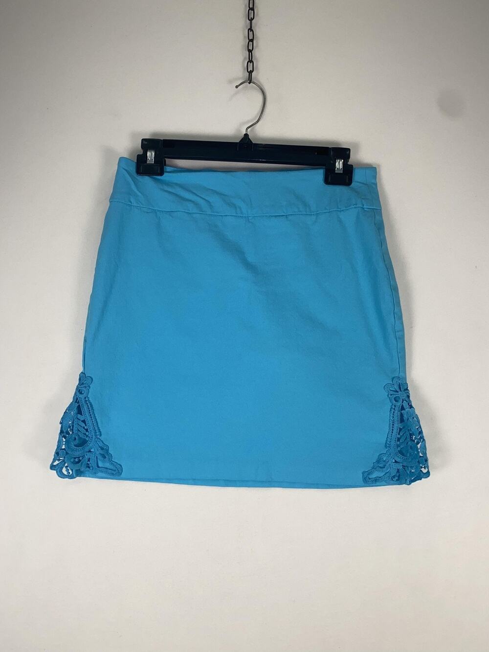 Jessica Riley Skirt Womens Medium Blue Knit Lace Hem Slit Mini Stretch Casual